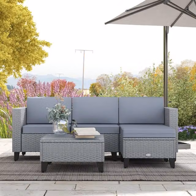 Outsunny 5 Piece Modern Grey Rattan and Metal Patio Garden Furniture Set