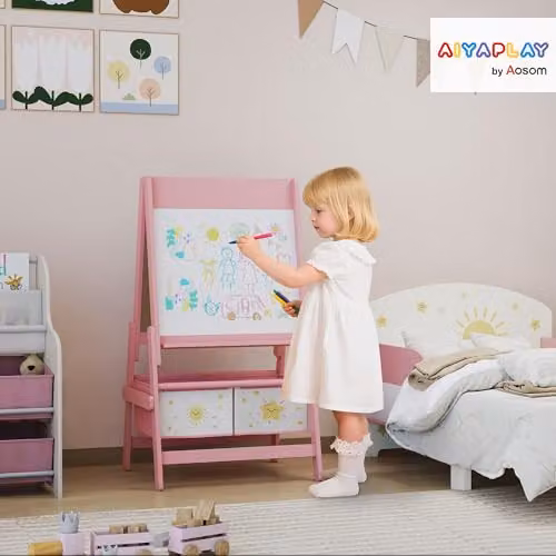 AIYAPLAY 3-in-1 Art Easel with Whiteboard and Blackboard for Kids Aged 3-8, Pink – 2