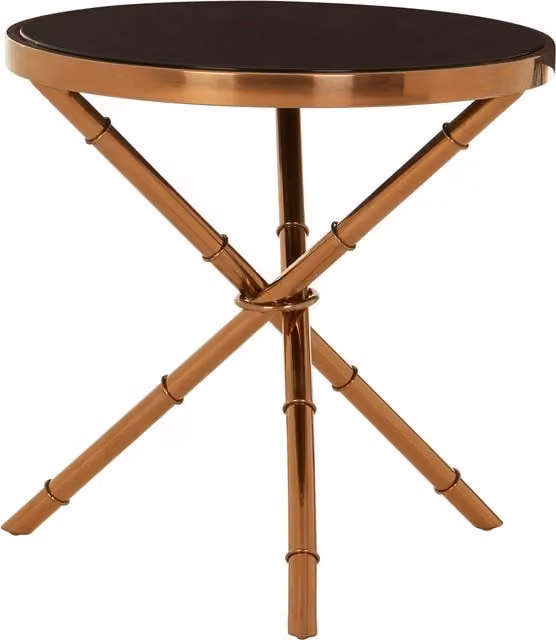Orsina Round Bamboo Inspired Side Table with Black Tempered Glass Top and Gold Metal Base – 1