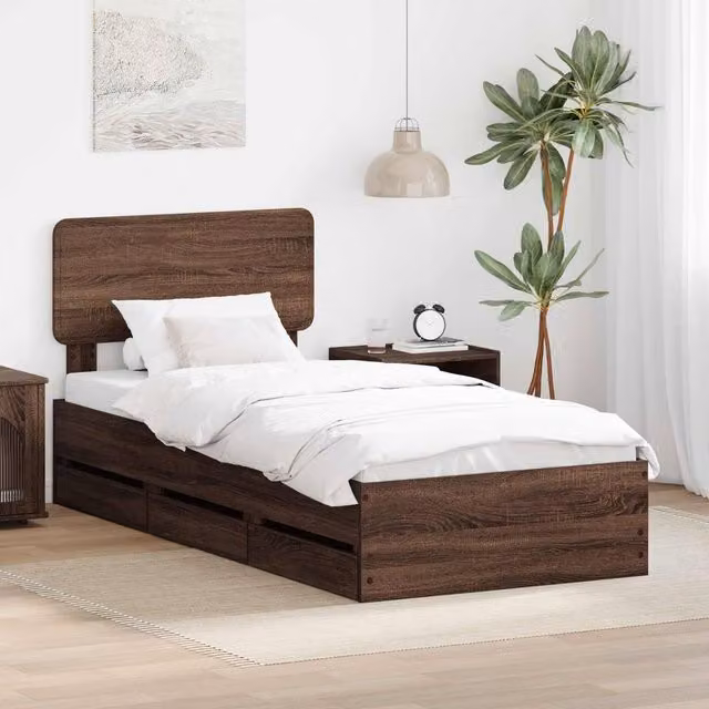 Berkfield Home Modern Bed Frame with Drawers in Brown Oak, W/D/H: 100 x 200 cm, Engineered Wood – 1