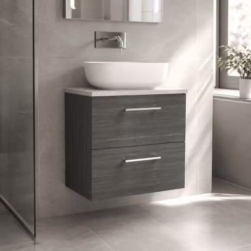 Balterley Wall Hung 2-Drawer Bathroom Vanity Unit with Rectangular Laminated Worktop and Bar Handles in Woodgrain Anthracite, W: 60.5 cm, D: 39.0 cm, H: 56.1 cm – 3