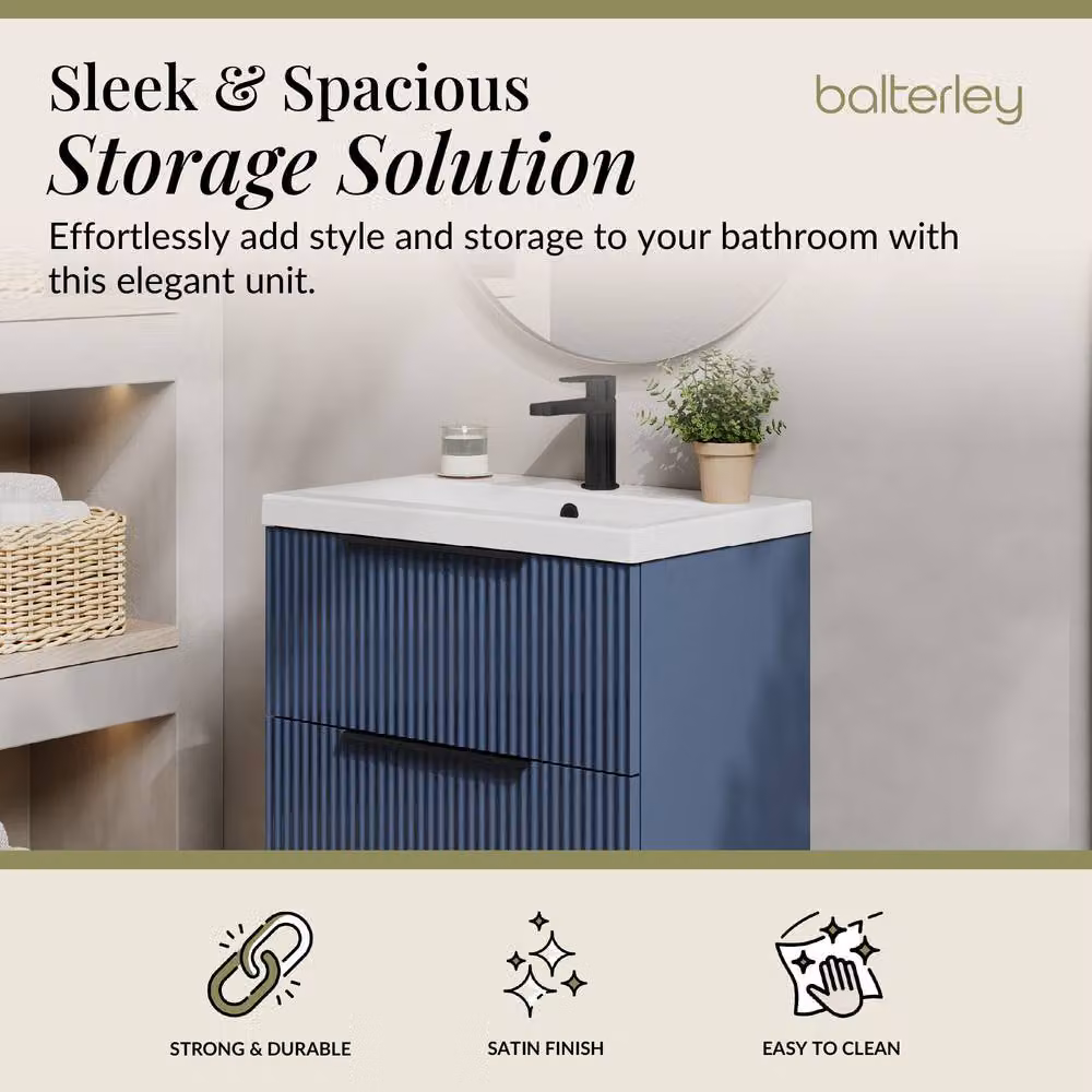 Balterley Fluted Front Wall Hung 2 Drawer Vanity Basin Unit, Satin Blue, W: 60 cm – 2