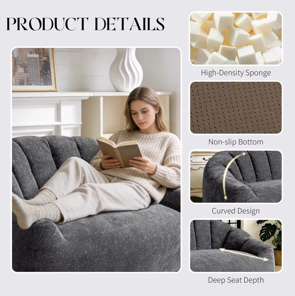 STILVORA 2 Seater Bean Bag Sofa in Grey Silver Fabric with Armrests – 4