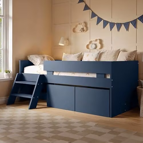 Flair Furnishings Logan Kids Single Low Sleeper Bed with Storage Drawers, Blue – 1