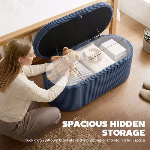 HOMCOM Corduroy Upholstered Storage Ottoman in Blue, W/D/H: 105 x 51 x 49 cm – 4
