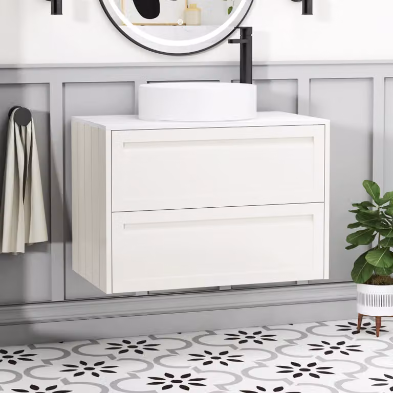 Royal Bathrooms Elmore Classic White Wall Hung Vanity Unit with 2 Drawers and Art Basin, Width: 80 cm