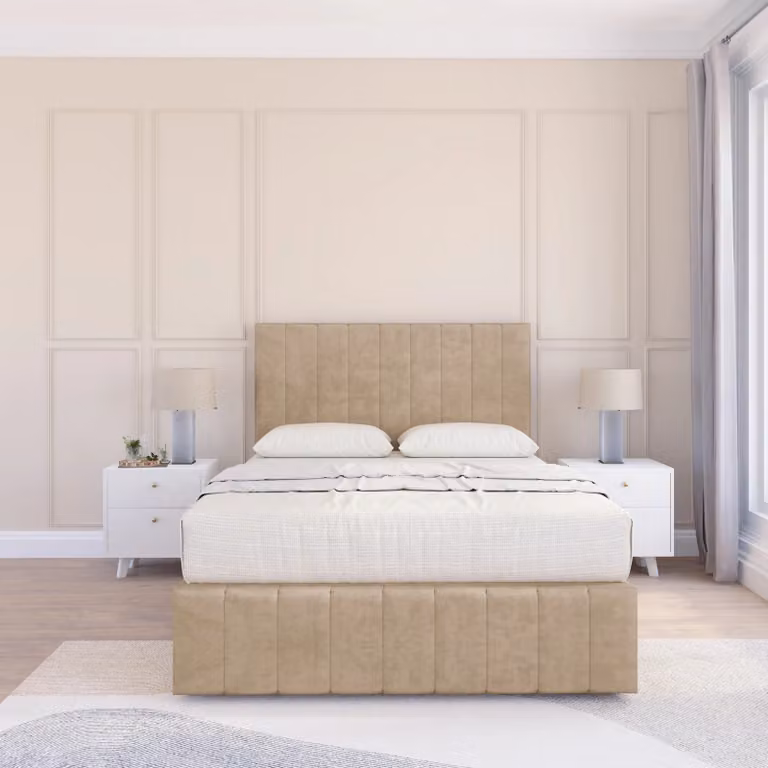 Sloomy California Chesterfield Divan Bed Base with Headboard in Beige Velvet, W/D/H: 140 x 200 cm
