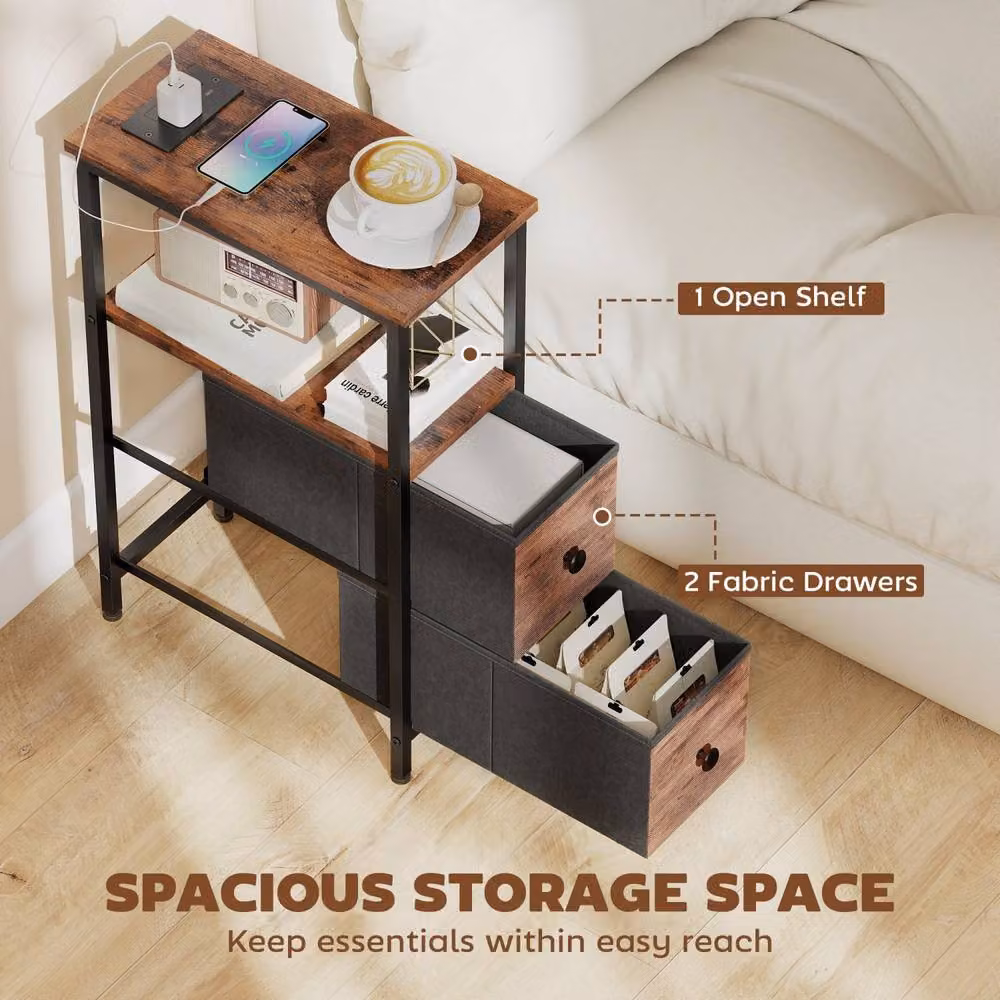 Wyld Haus Suro Narrow Bedside Table with 2 Fabric Drawers and Charging Station in Brown – 5