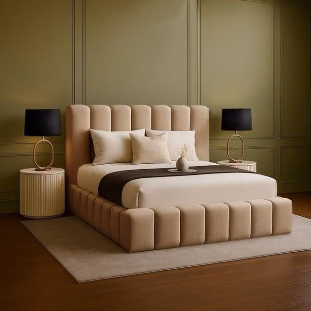Desire Deco Daisy Upholstered Plush Velvet Bed Frame in Beige