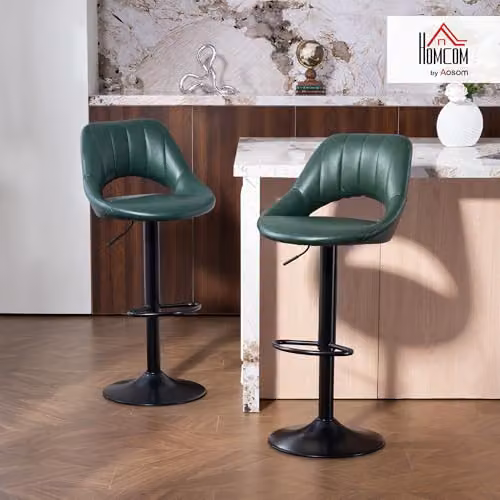 HOMCOM Set of 2 Swivel Adjustable Height Bar Stools with Backrest and Footrest in Dark Green Synthetic Leather – 5