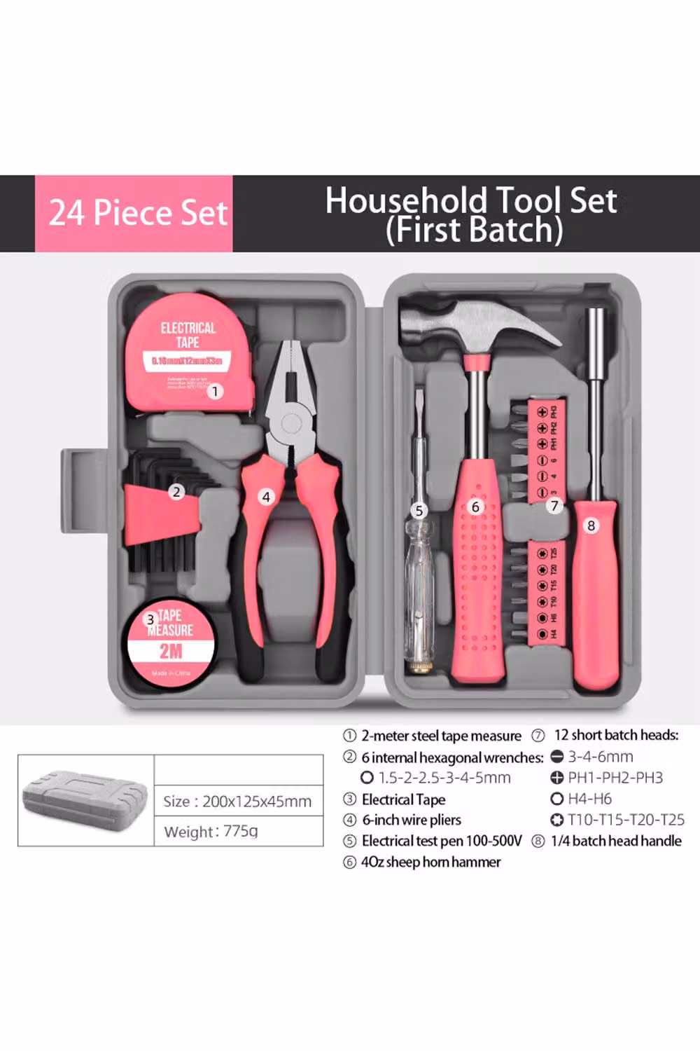 Living and Home 24-Piece Household Repair Tool Kit with Grey Storage Case in Pink – 2