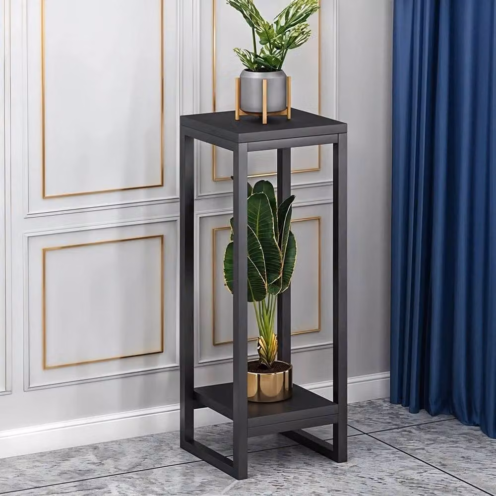 FORGEVIO 2-Tier Modern Metal and MDF Floor Plant Stand in Black, H 90 cm x W 100 cm x D 50 cm – 3