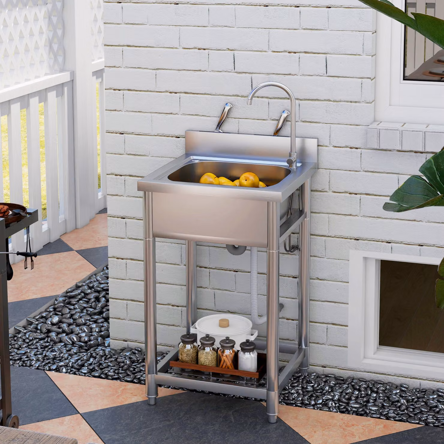HOMCOM Outdoor Utility Sink, Free Standing Single Bowl Kitchen Sink with Cold and Hot Water Pipe and Storage Shelf in Silver Tone – 2