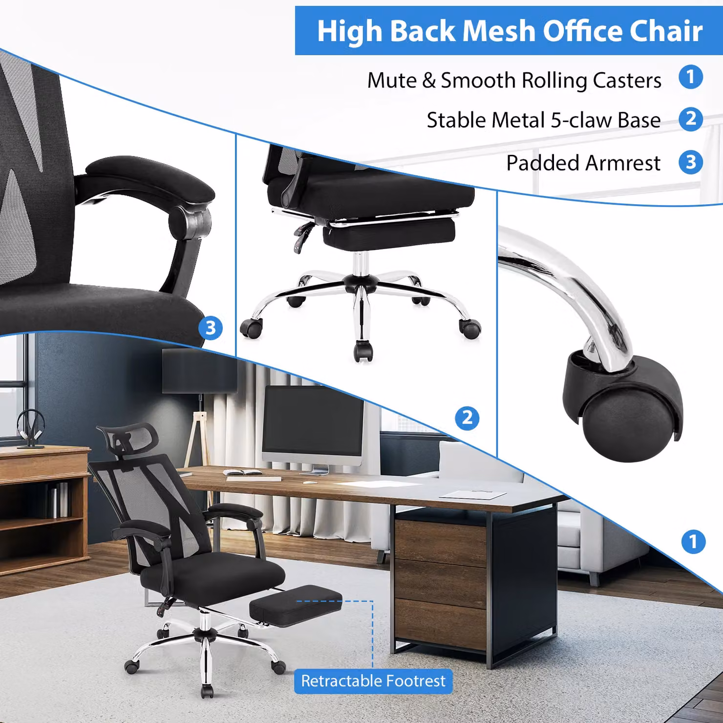 Costway Ergonomic Executive Office Chair with High Back, Headrest and Retractable Footrest in Black Fabric – 4
