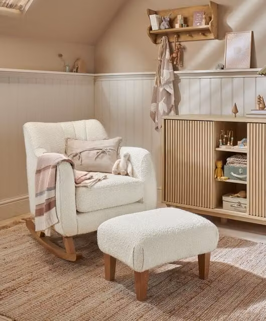 Mamas & Papas Classic Nursing Chair and Ottoman Set in Beige and White Bouclé Fabric with Oak Wood Frame