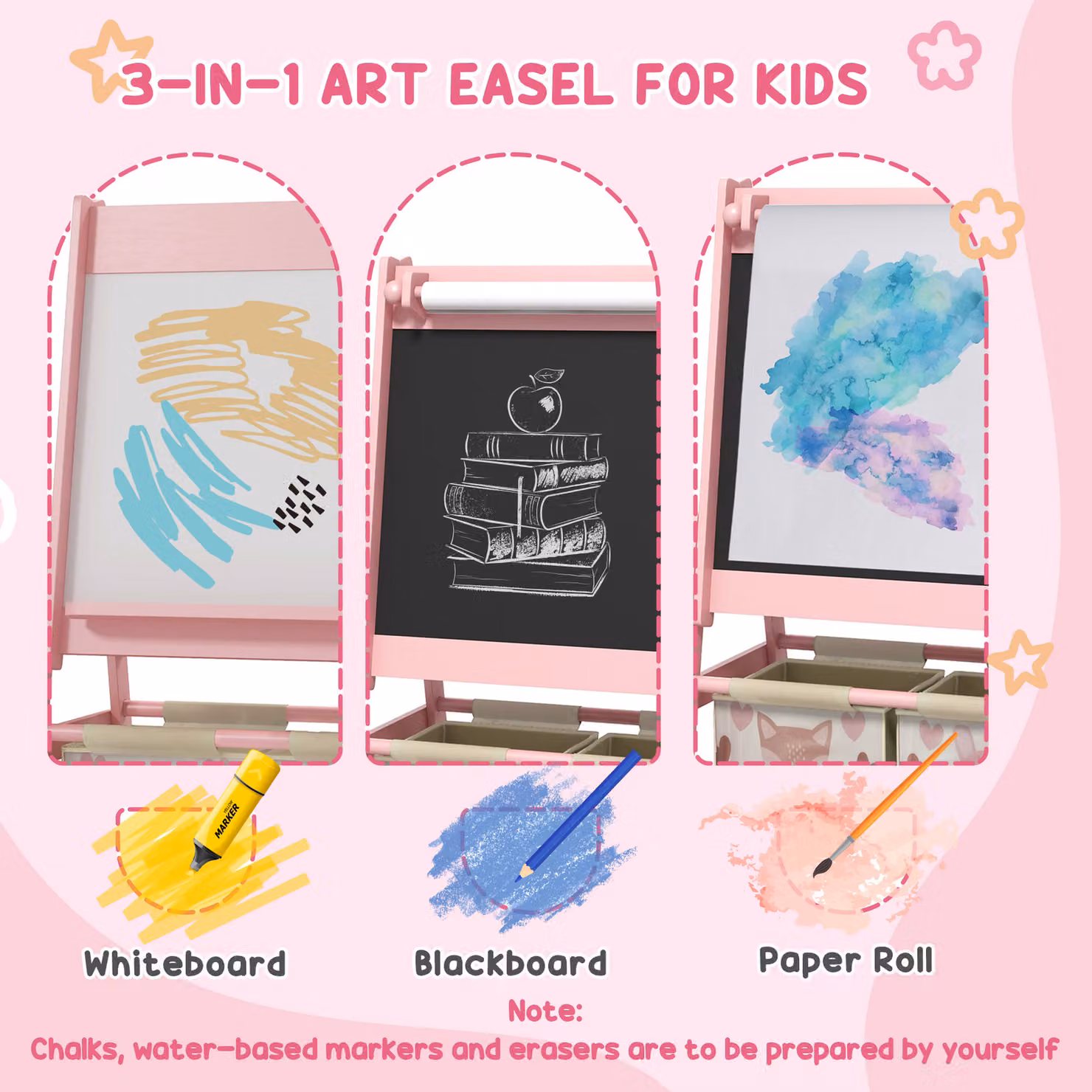 ZONEKIZ Pink Multi-Activity Kids Table and Chair Set with Easel, Paper Roll and Storage – 3