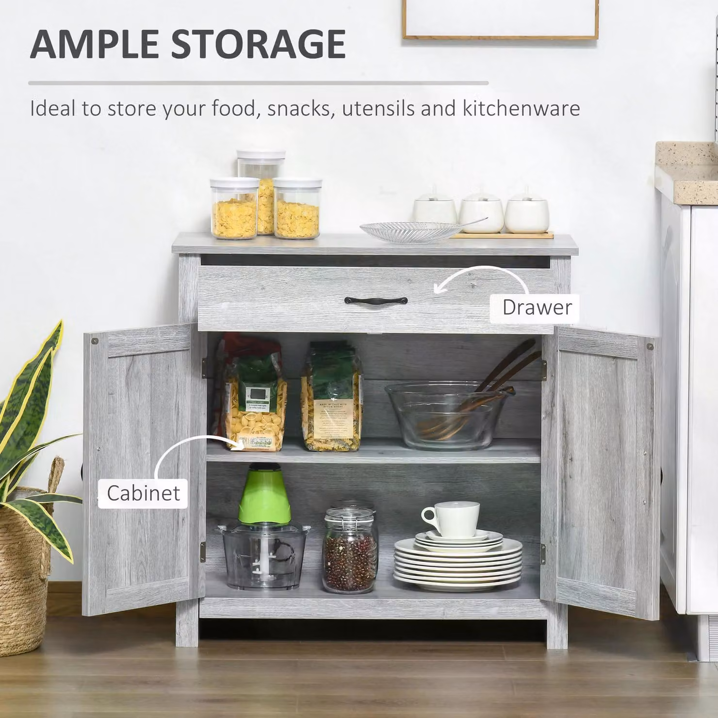 HOMCOM Grey Wood-Effect Farmhouse Sideboard with Rustic Barn Doors and Coffee Bar Style Storage Cabinet – 3