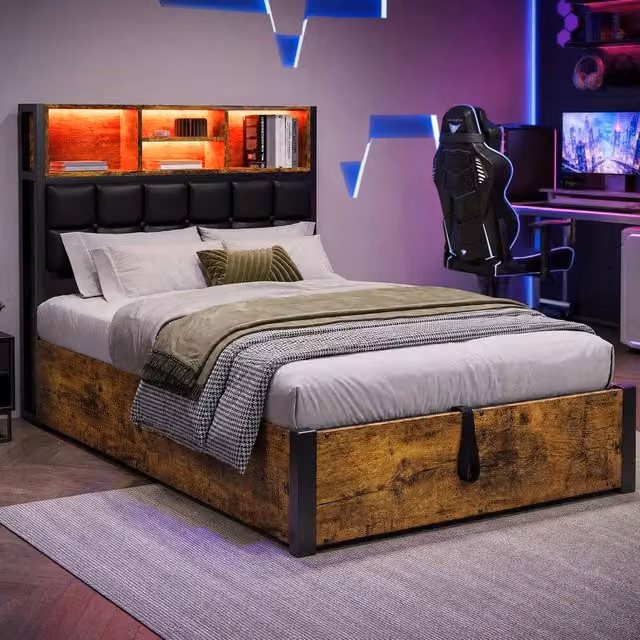 STILVORA Single Hydraulic Bed with LED Under-Bed Lighting and USB Charging Ports, W/D/H: 90 x 190 cm