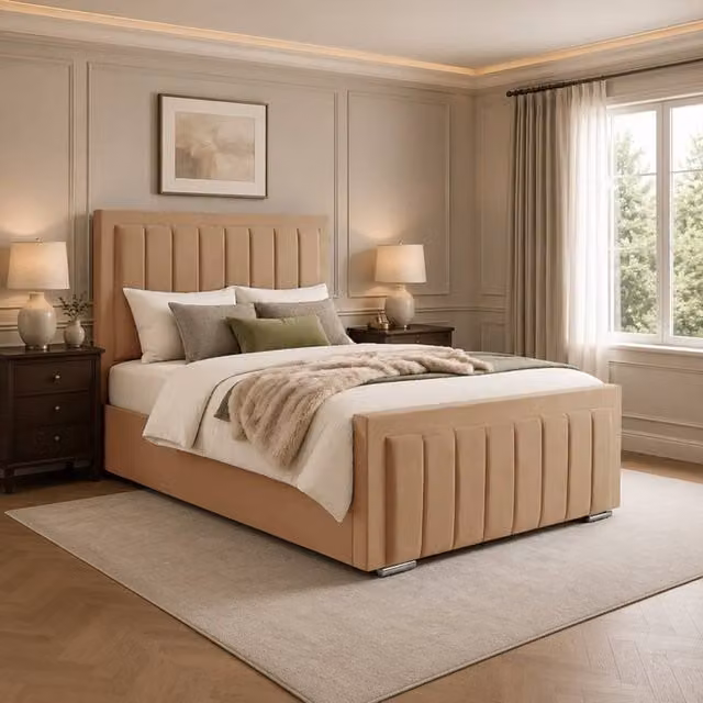 Desire Deco Lucia Upholstered Plush Velvet Panel Bed Frame in Beige, W/D/H: 140 x 200 cm