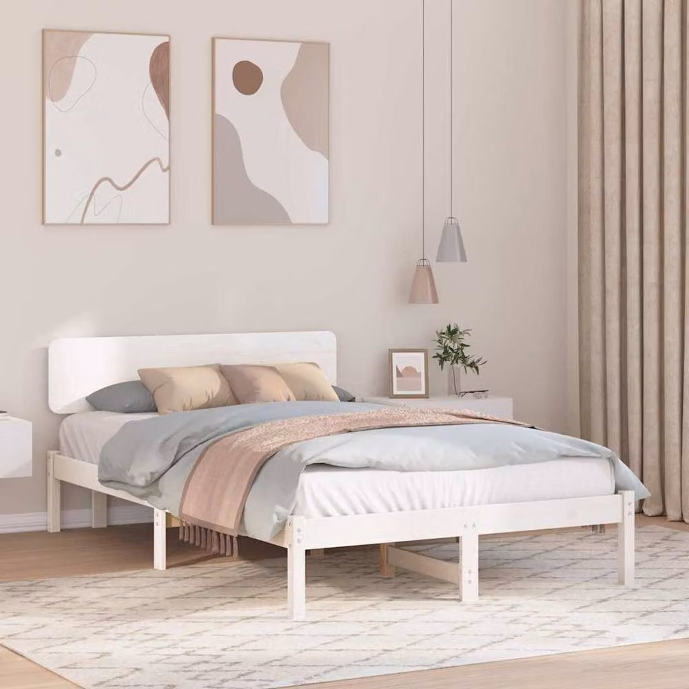 Berkfield Home White Lacquered Solid Pine Wood Bed Frame with Headboard W: 135 cm, L: 190 cm – 2