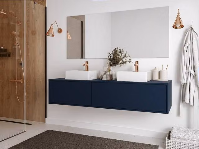 Vente-unique Midnight Blue Suspended Bathroom Furniture with Double Basin, W: 150 cm