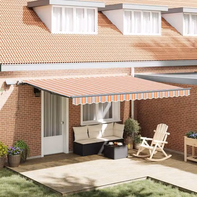 Berkfield Home Manual Retractable Wall-Mounted Awning with LED Multicolour Stripe, Orange, W: 450 cm, D: 350 cm