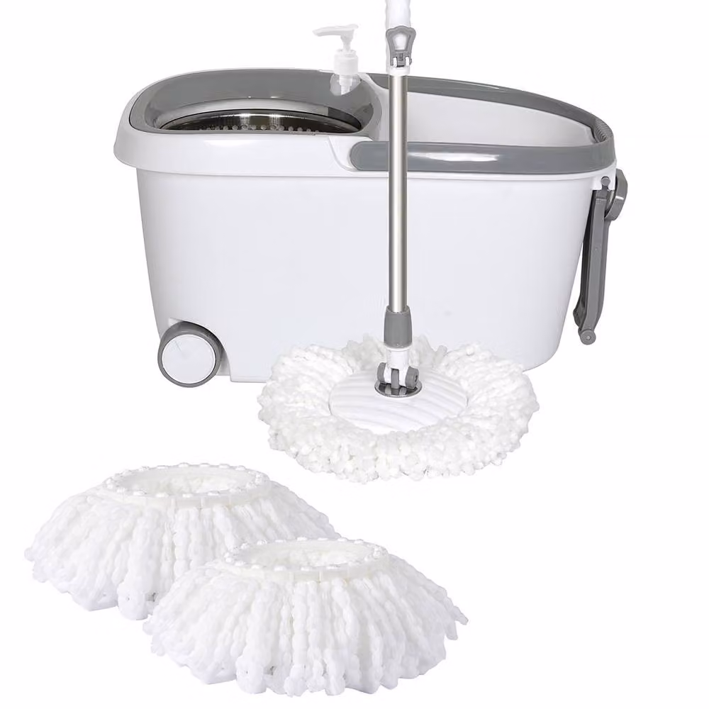 Cleanflo Spin Bucket Set with Stainless Steel Wringer and Microfibre Mop Head in White – 3