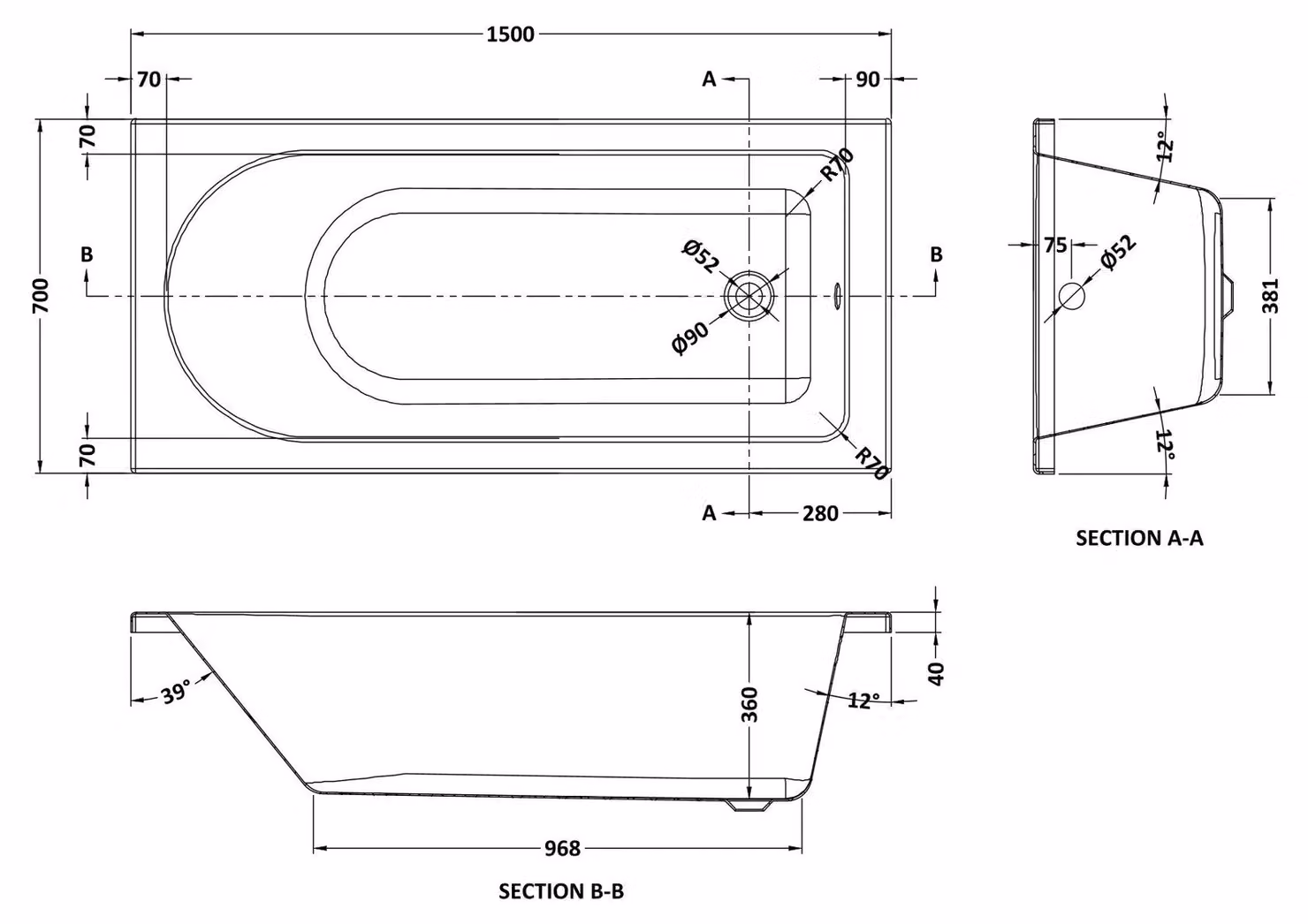 Balterley Round Single Ended Straight Shower Bath with Leg Set, White, W/D: 1500 x 700 mm – 2