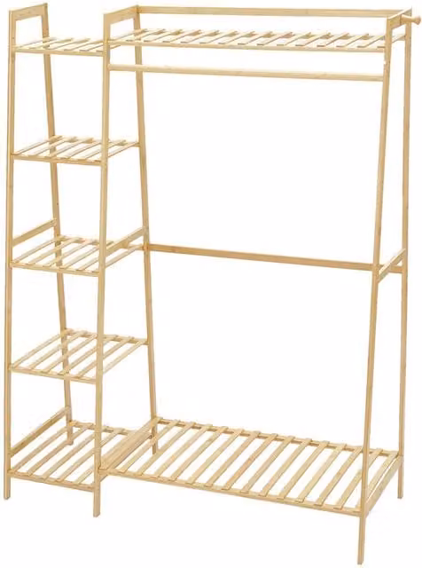 Garden Sanctuary Bamboo Clothes Rail with Dual Hook and Rail Matrix in Natural Brown and Beige, Height: 130 cm