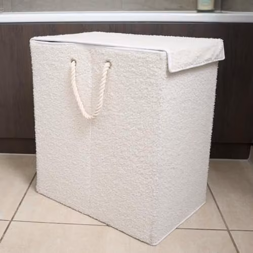 OHS Foldable Boucle Laundry Basket with Lid and Handles in White – 2