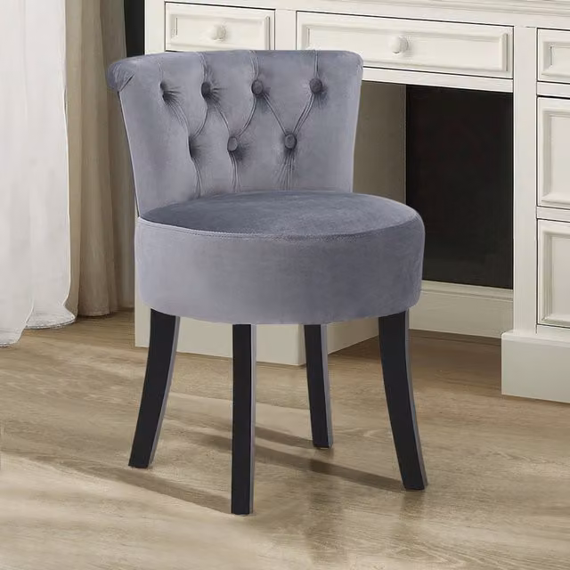 Livingandhome Modern Grey Velvet Buttoned Dressing Table Stool with Wood Legs