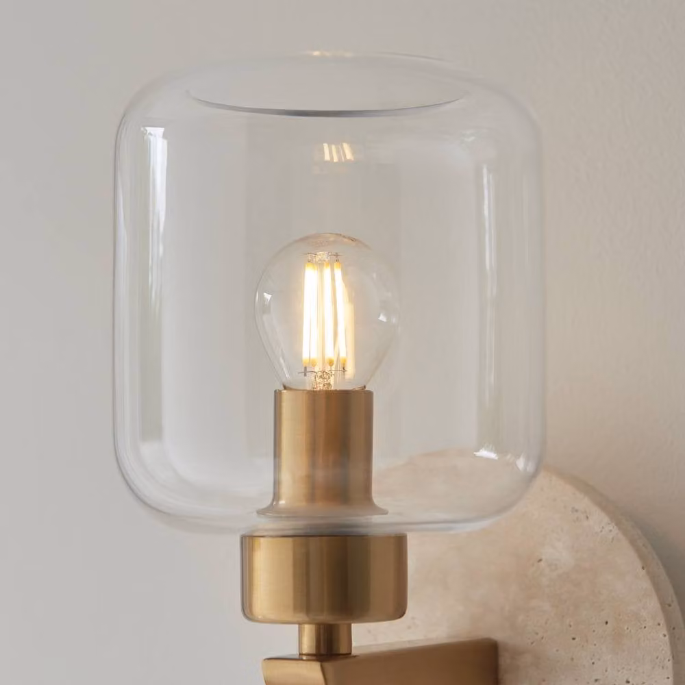 Netlighting Travi Wall Lamp in Natural Travertine with Vintage Brass and Clear Glass, E14, Gold – 2