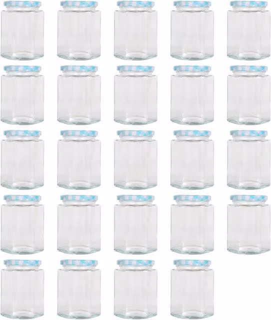 Argon Tableware Hexagonal Glass Jam Jars with Blue Checked Screw-Top Metal Lids, 250ml, Pack of 24