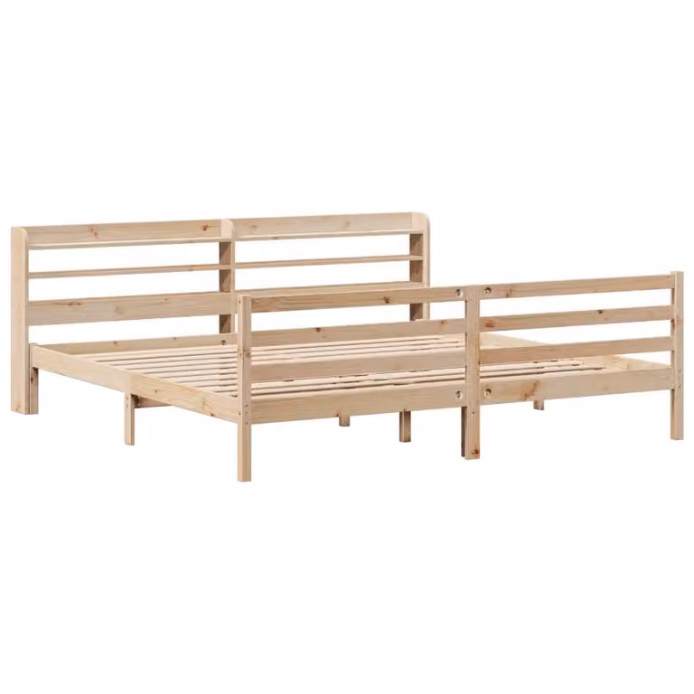 Berkfield Home Super King Bed Frame with Headboard and Side Compartments in Natural Brown Pine Wood, W/D/H: 180 x 200 cm