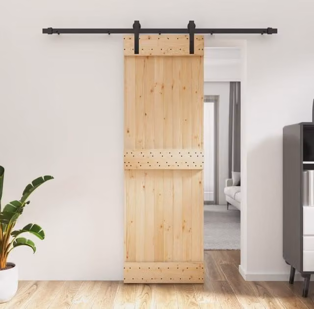 Berkfield Home Modern Sliding Door with Hardware Set, Solid Wood and Steel, Brown, W: 70 cm, H: 210 cm – 1