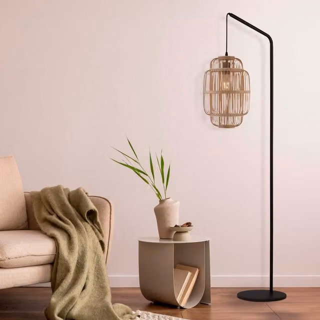 Lighting Collection Modern Black Floor Lamp with Bamboo Frame Shade