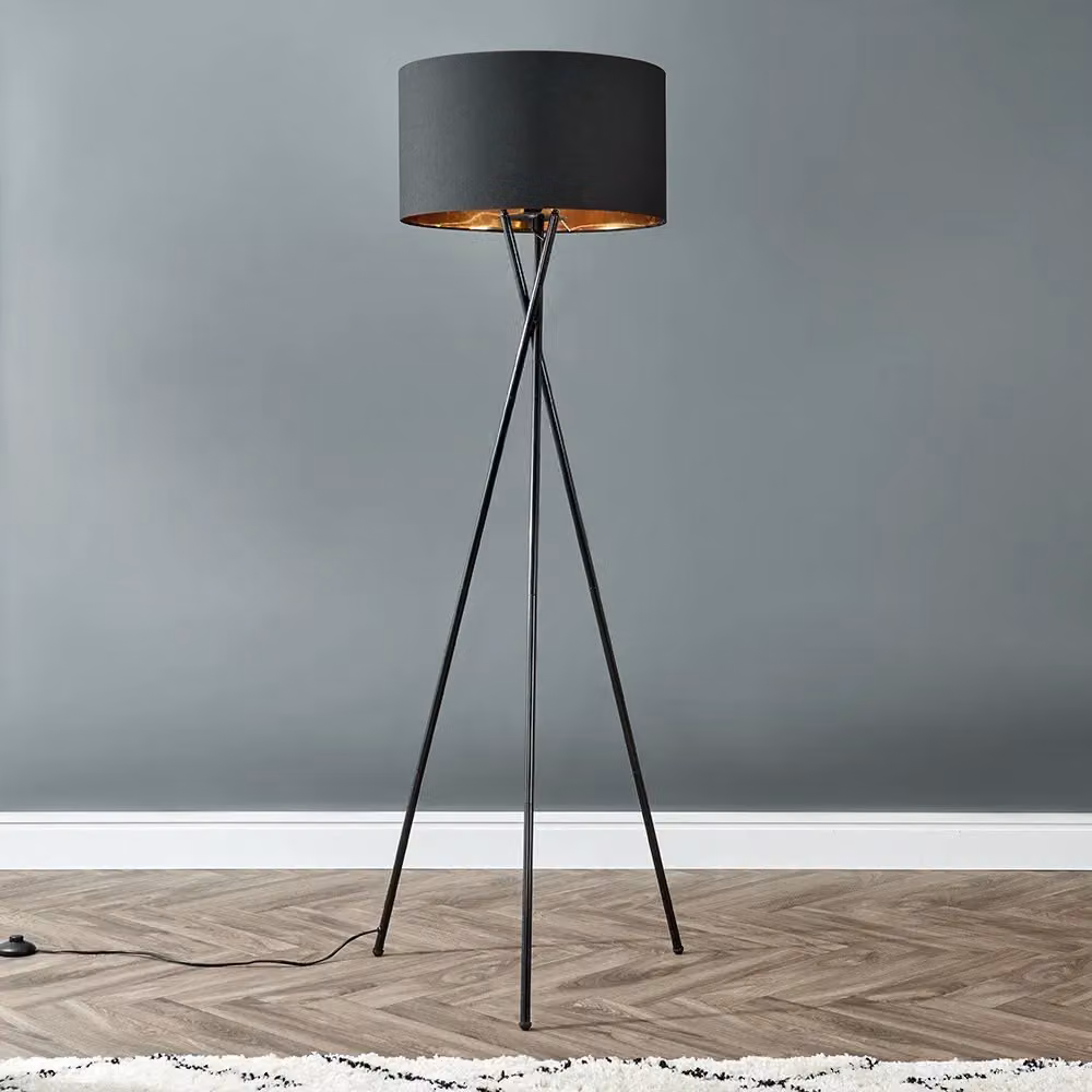 ValueLights Camden Black Tripod Floor Lamp with Gold and Black Fabric Cylinder Shade and Bulb – 2