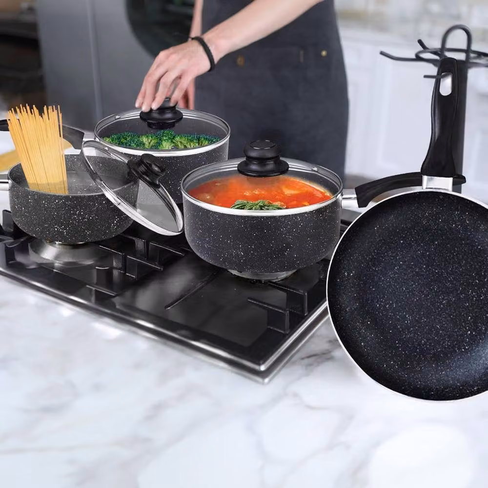 BARGAINS-GALORE 7pc Aluminium Non Stick Cookware Set in Black with Saucepan, Frying Pan and Glass Lids – 2