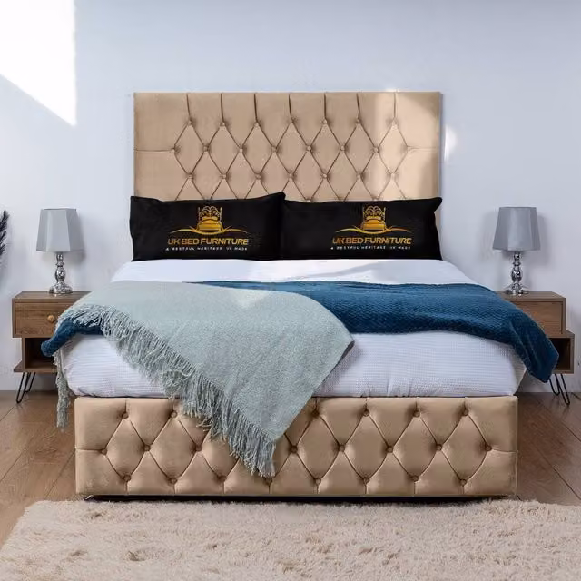UK Bed Furniture Monaco Divan Bed Base with 26 Inch Headboard in Beige, Double, W/D/H: 140 x 200 cm