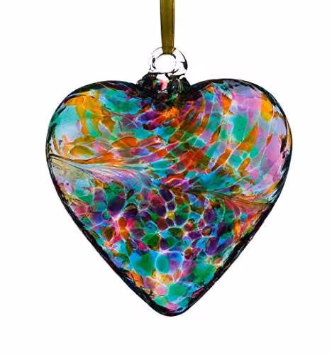 Sienna Glass Handcrafted Hanging Friendship Heart Ornament in Multicolour Turquoise and Green, 8 cm