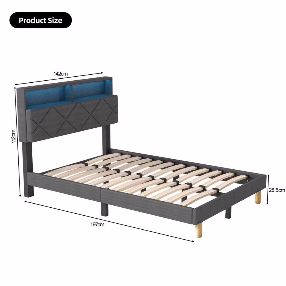 EONLION Grey Upholstered Double Bed Frame with Dimmable RGB Under-Bed Lighting, W: 140 cm, L: 200 cm – 2