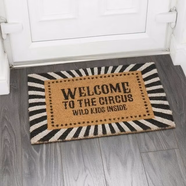 Kingsbury Gifts Welcome to the Circus Striped Coir Doormat, Brown, Black and White