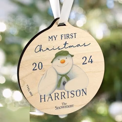 Custom Personalised The Snowman My First Christmas Round Wooden Hanging Decoration