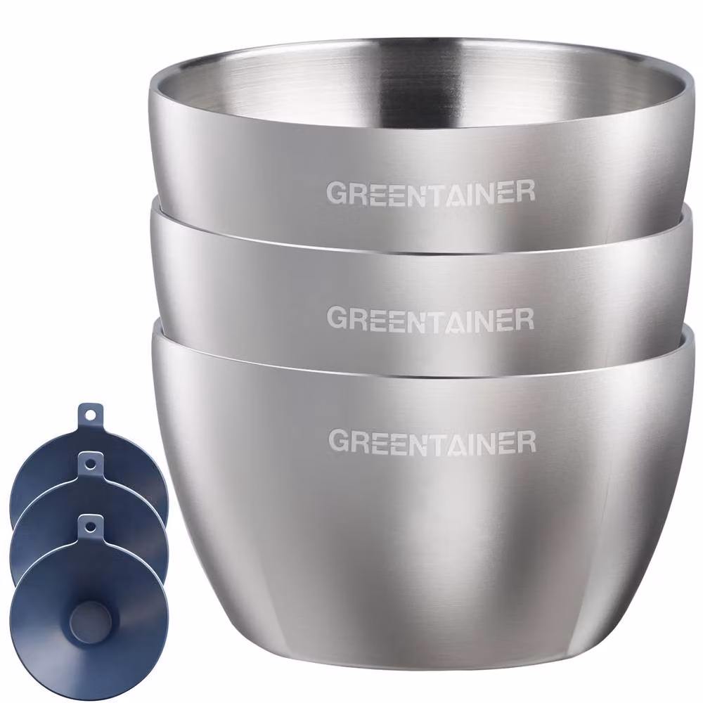 Greentainer 3-Piece Insulated Baby Suction Bowl Set in Multicolour and Silver with Stainless Steel and Silicone – 6