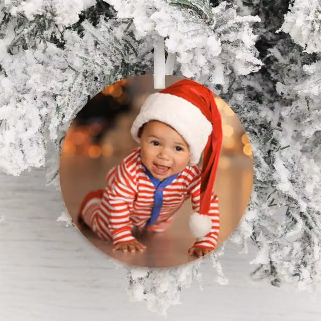Uniqueful Personalised Round Photo Hanging Christmas Decoration for Babies with Multicolour Striped Geometric Design