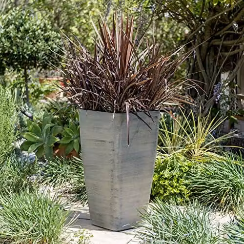 Primrose Stone Effect Resin Flared Square Cube Planter in Grey and White, H 76 cm x W 76 cm x D 40 cm