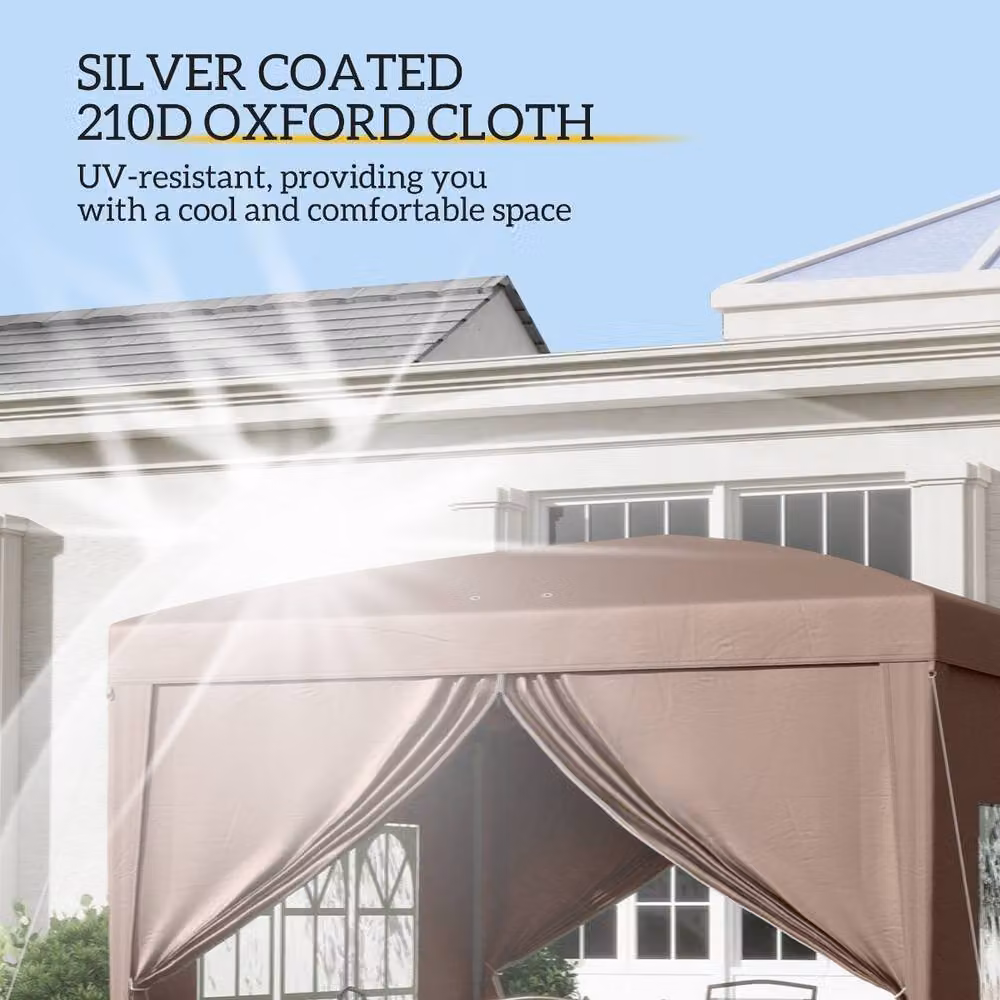 Rolipo Pop-Up Gazebo with Curtain Walls and Windows, Brown, W: 300 cm, D: 300 cm, H: 196 cm – 4