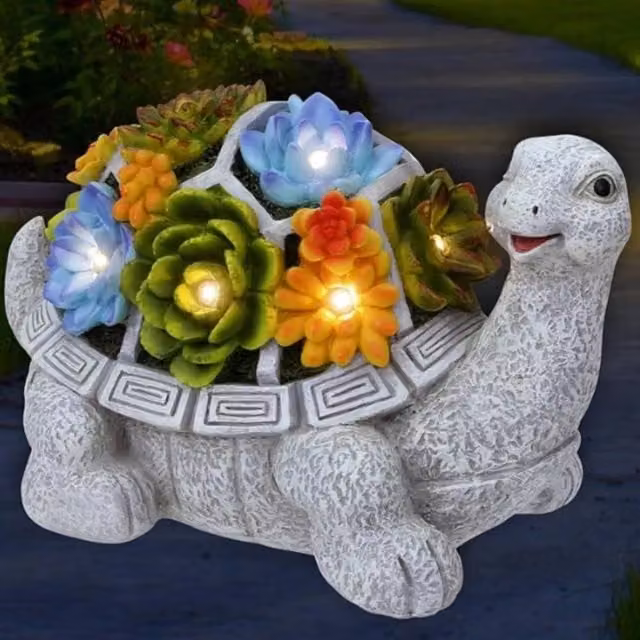 EONLION Grey Stone Turtle Garden Statue with Multicolour LED Lights – 1
