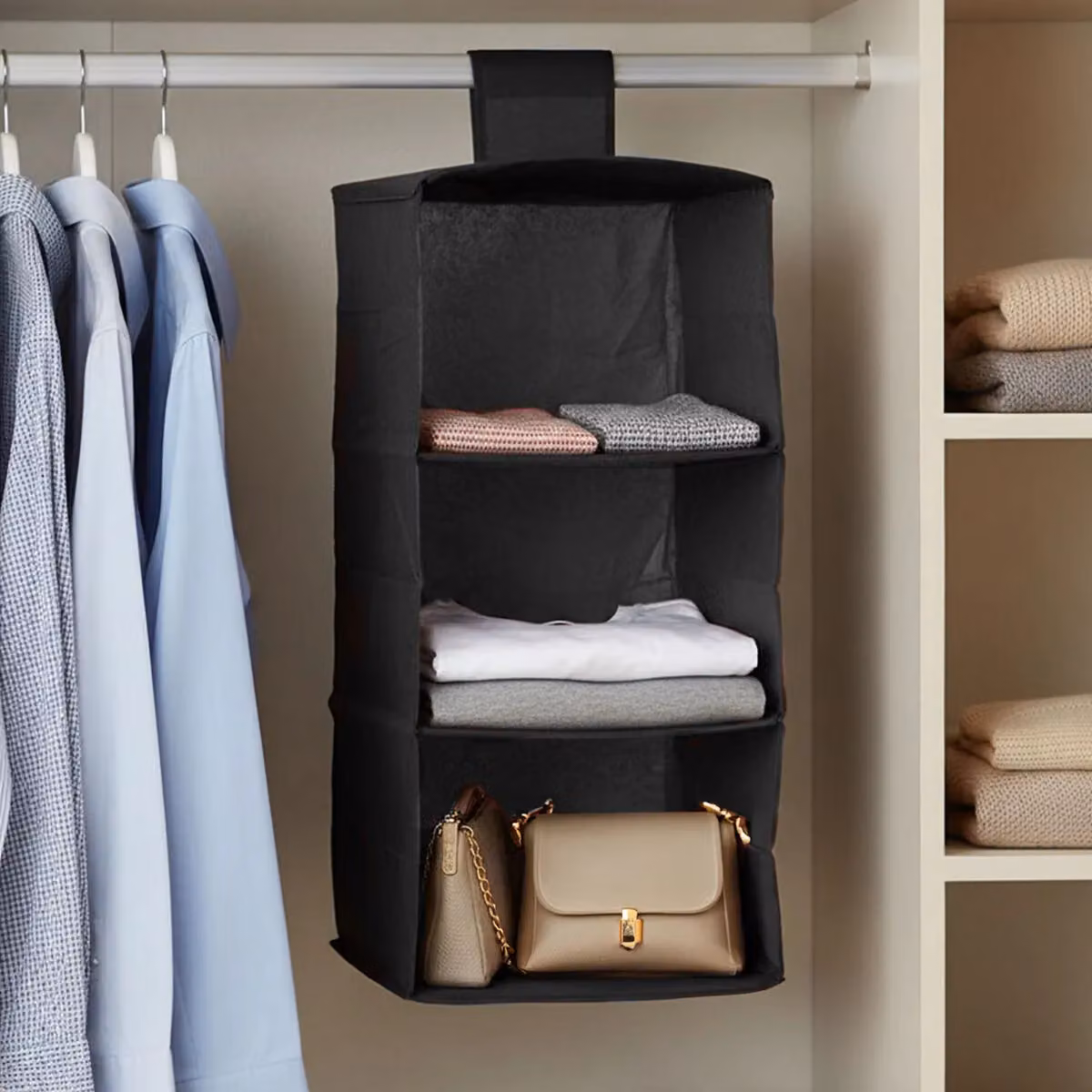Orsina 3-Section Hanging Garment Organiser in Black with Plastic Shelf Inserts – 2