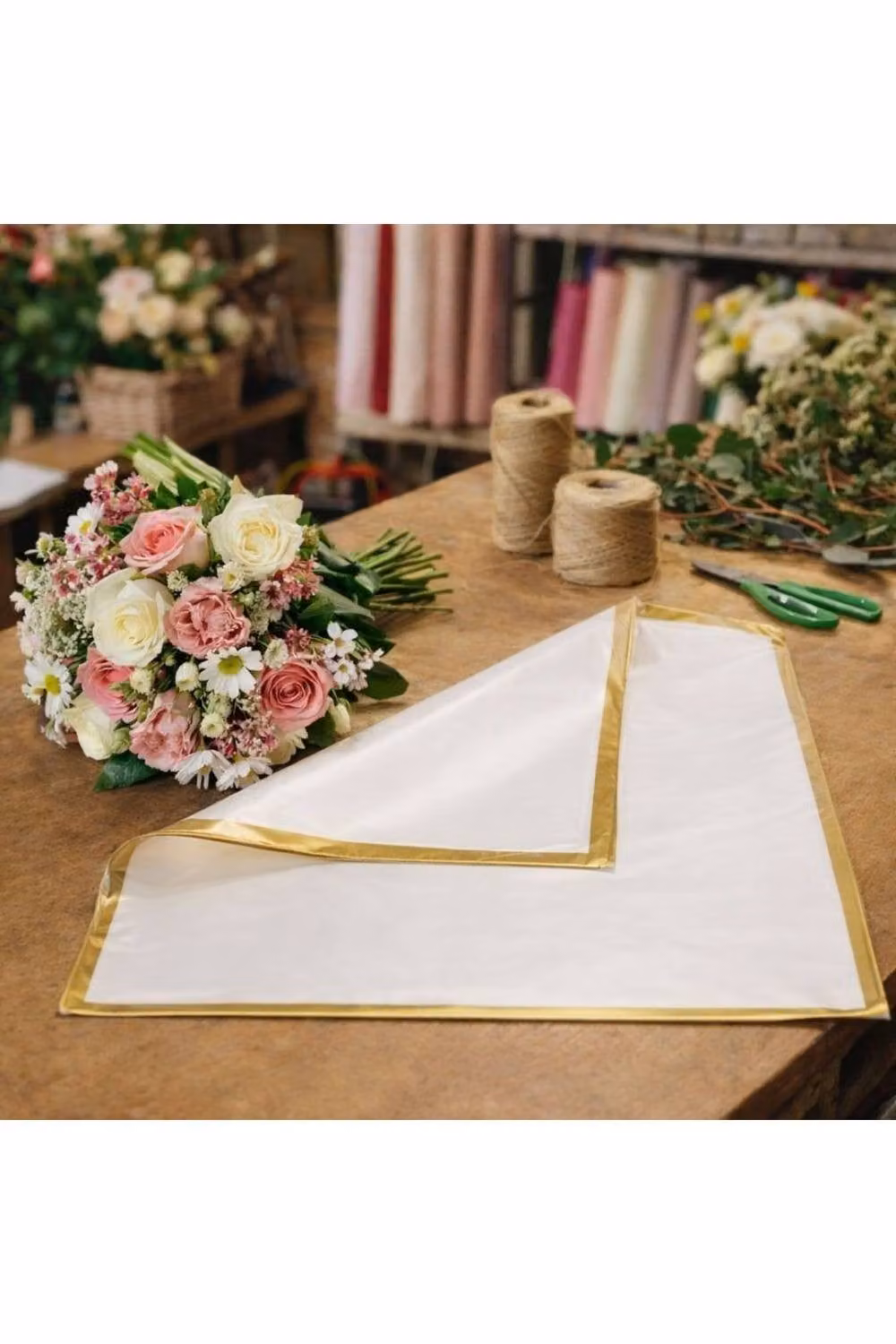 KDMD Korean Style Pre Cut Cello Wrap Sheets, White with Gold Border, 100 Pack – 2